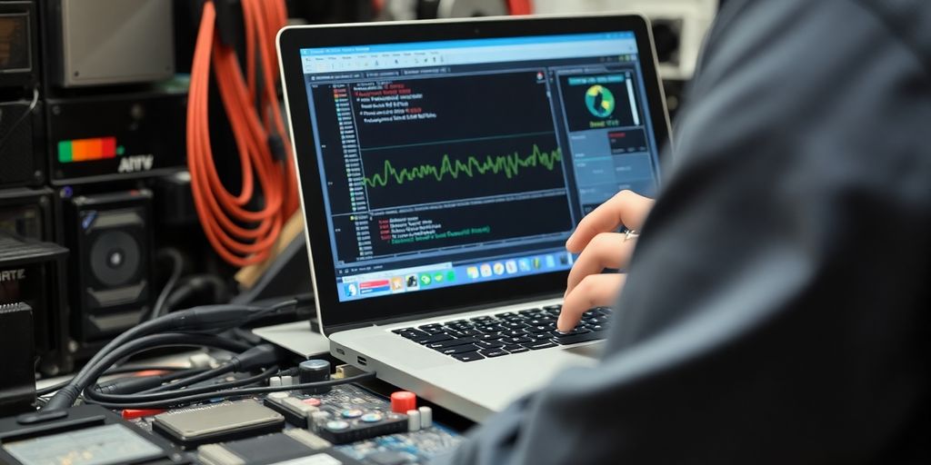 Technician using laptop and testing tool